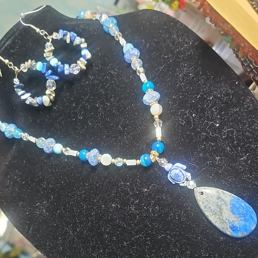 Blue Sodelite,AB Crystal, Stripes Agate Necklace with Crystal Beads